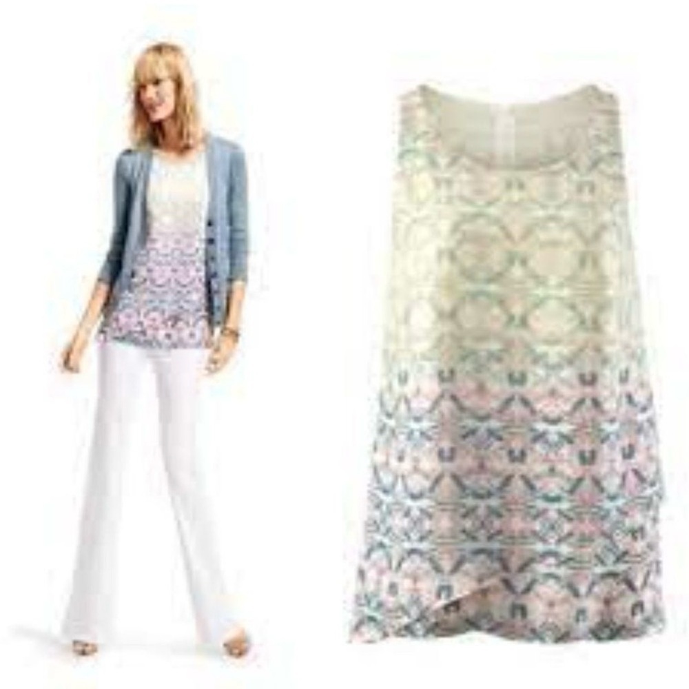 CAbi Tunic Sleeveless Mosaic Print Blouse Pink Green Blue EUC style #250 Medium